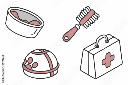 Color pet care items food bowl, brush, carrier, first aid kit