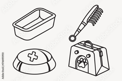 Pet care items food bowl, litter box, brush, carrier, first aid kit
