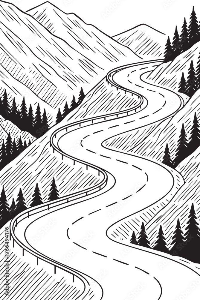 Fototapeta premium Winding mountain road through pine covered hills