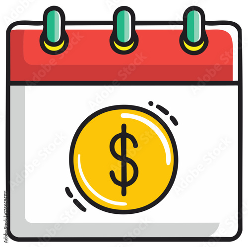 Modern flat design calendar showing a dollar sign coin for financial planning and payment scheduling