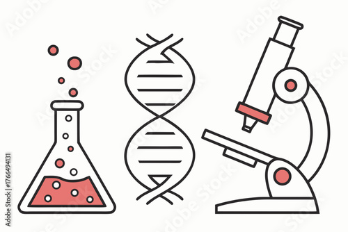 Science laboratory equipment flask, dna, and microscope