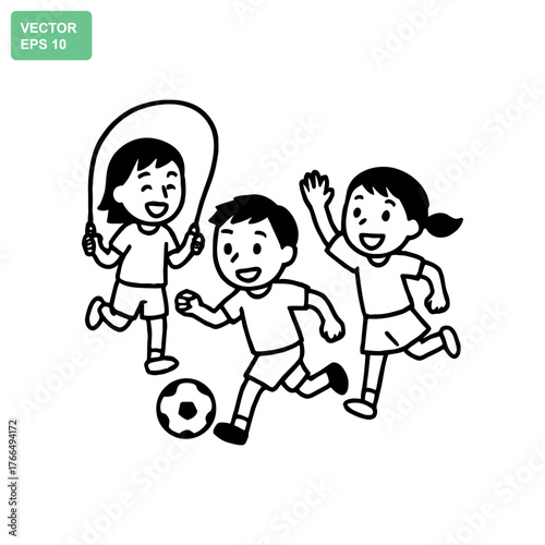 Children joyfully playing soccer and jumping rope outdoors in a park