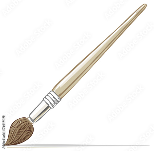 Simple Illustration of a Round Paint Brush with Brown Bristles and Wooden Handle