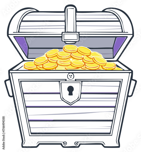 Cartoon Treasure Chest with Gold Coins, Riches and Wealth, Outline Illustration