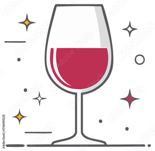 Stylized wine glass with red wine and sparkle elements illustration