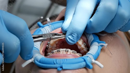 Woman receiving dental brace wire adjustment by dentist for orthodontic treatment, mouth retractor keeps jaw open for procedure footage.