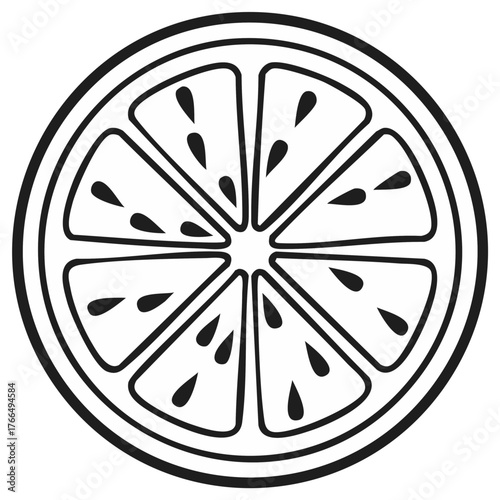 Stylized Citrus Slice Illustration Black and White Graphics Fresh Fruit Slice with Seeds