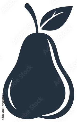 Dark silhouette of a pear with leaf, flat design vector illustration.