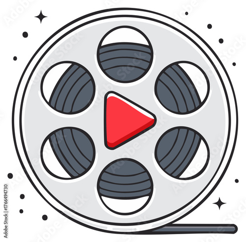 Vibrant flat design movie film reel illustration featuring a prominent red play button symbol for media