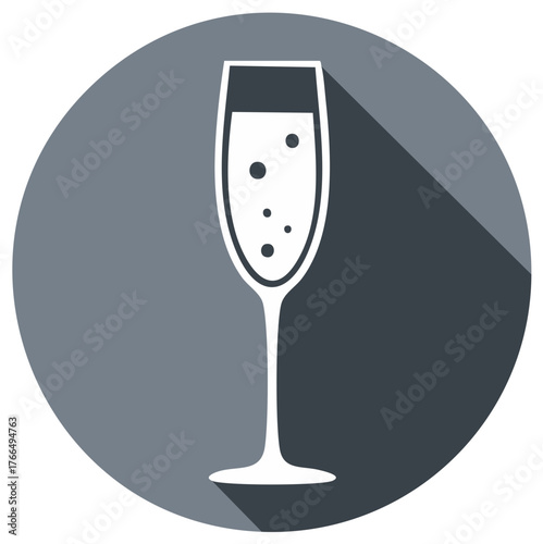 Flat design icon of a champagne flute filled with bubbly liquid and a long shadow