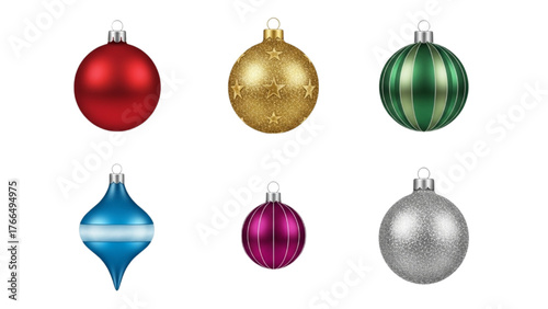 Photos Realistic Christmas Ornament Baubles Set: 3D Rendered Red Gold Green Blue Silver