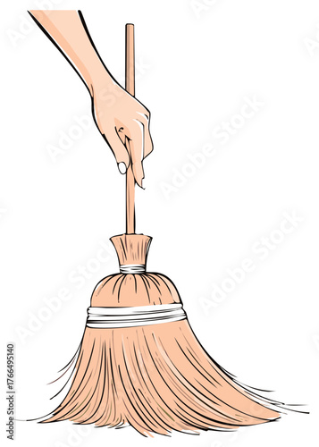 Close-up illustration of a hand holding a broomstick to sweep the floor