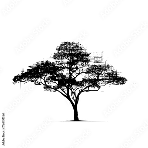 Silhouette of a detailed tree with a textured appearance and a white background is displayed