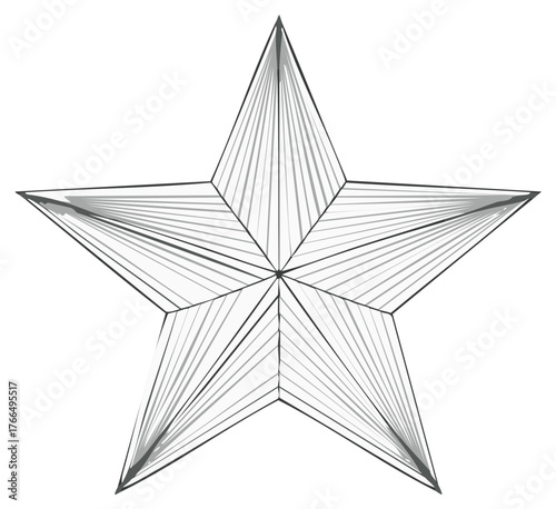 Modern minimalist five point star symbol with detailed line pattern and geometric facets in grayscale
