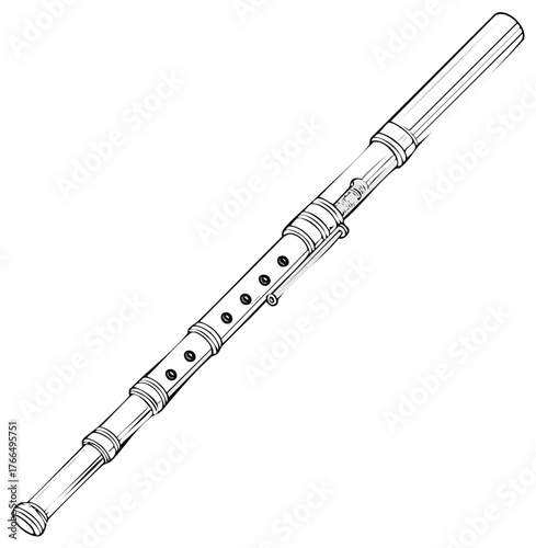 Detailed Sketch of a Concert Flute Depicting Woodwind Musical Instrument with Keys and Finger Holes