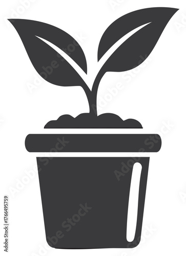 Potted plant icon with two leaves - a simple and graphic symbol for growth, cultivation and nature.