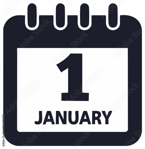 Simple graphic icon of a calendar page displaying January 1st