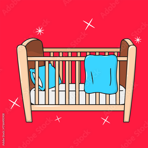 Detailed, 3D illustration vector of a classic wooden baby crib, essential nursery furniture icon set.