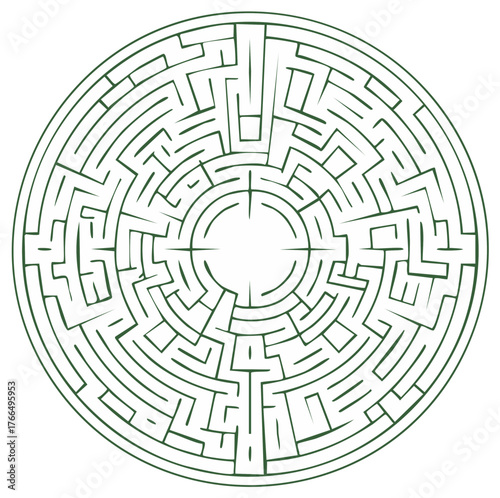Circular labyrinth puzzle illustration, green maze game concept