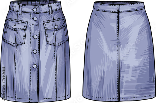 Denim skirt front back view, button down design, pocket detail, fashion flat sketch, garment template, cad drawing vector illustration