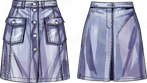 Purple satin skirt front back view, button down design, pocket detail, fashion flat sketch, garment template, cad drawing vector illustration