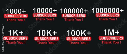 Subscribers Milestone Text Graphics Set - 1K, 10K, 100K, 1M,  1000, 10000, 100000, 1000000, Thank You Labels Red White Black