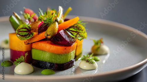 A beautifully plated tower of colorful, layered root vegetables with delicate garnishes and dollops of sauce.
