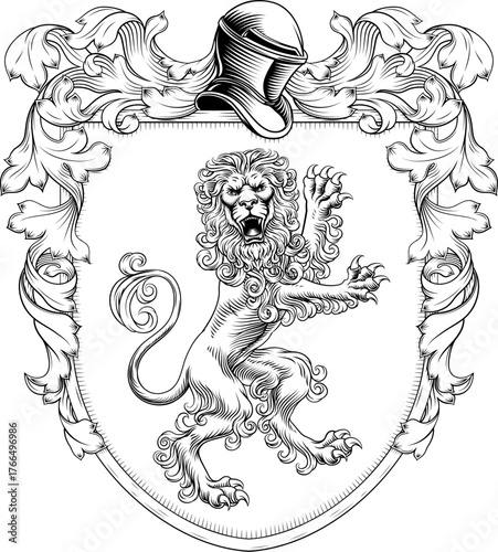 A lion coat of arms or crest family heraldry medieval heraldic knight shield with helmet and acanthus filigree scroll ornament in a vintage woodcut style.