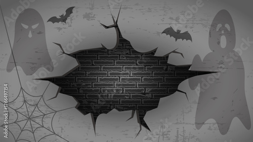 Spooky Halloween background featuring cracked wall with dark bricks, ghosts, bats, and spider web. Grunge horror design perfect for Halloween posters, party invitations, and dark-themed projects.