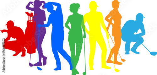 Silhouette golf player set. Active golfers golfing sports people healthy players fitness silhouettes concept.