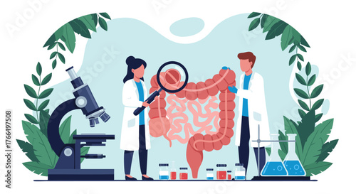 Medical professionals conducting in-depth research on the human digestive system and gut health, utilizing advanced laboratory equipment