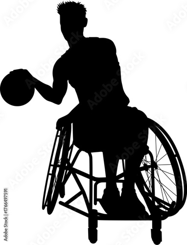 Silhouette of male athlete man in sports wheelchair basket baller basketball player.