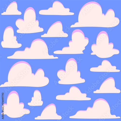 Seamless pattern of doodle clouds. Vintage ink sketch style minimalist white clouds. Hand drawn vector pattern.