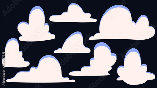 Doodle drawing of clouds. Minimalist style white clouds. Hand drawn vector illustration.