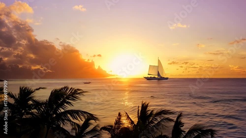 Tranquil Tropical Sunset Over Ocean with Silhouetted Sailing Boat and Palm Trees