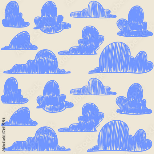 Seamless pattern of doodle clouds. Vintage ink sketch style minimalist blue clouds. Hand drawn vector pattern.