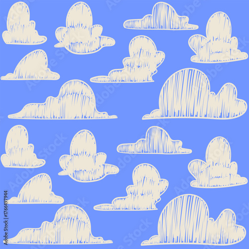 Seamless pattern of doodle clouds. Vintage ink sketch style minimalist white clouds. Hand drawn vector pattern.