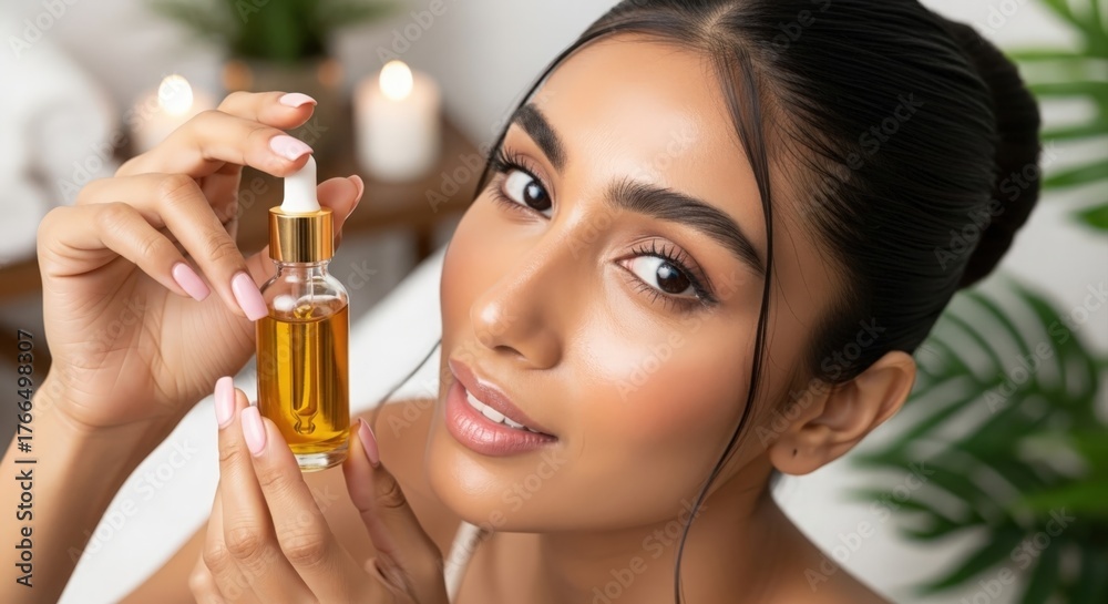 Fototapeta premium Indian female model with radiant skin and dropper bottle — symbolizing skincare, elegance, and wellness