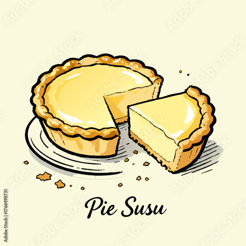 Delicious Egg Custard Pie Illustration with a Slice Removed, a Sweet Baked Pastry Delight, Indonesian Pie Susu
