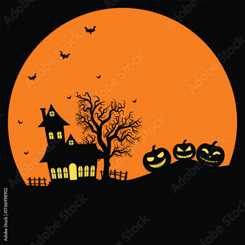 Old House And Dead Tree Surrounded By Bats On A Full Moon Night