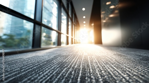 Modern office hallway perspective with carpet and large windows light entrance
