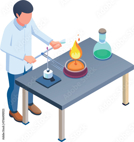 Isometric Illustration of Scientist Performing Flame Test in Chemistry Lab