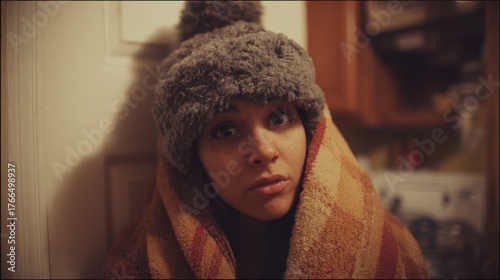 Woman wearing hat and blanket looking directly at camera indoors close up
