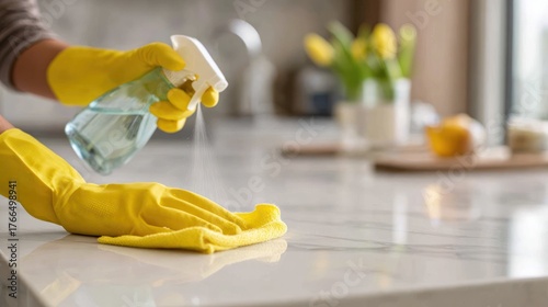 Person cleaning surface with spray bottle and cloth kitchen countertop