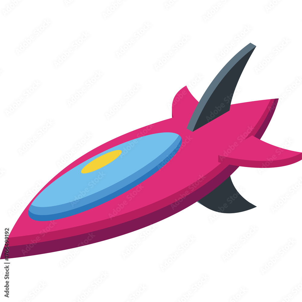 Fototapeta premium Pink and Blue Rocket Ship with Yellow Accent and Grey Fins Isolated on White Background