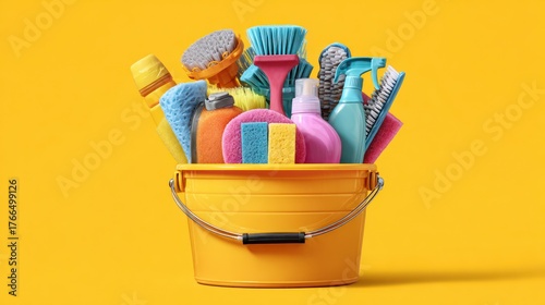 Cleaning supplies in a yellow bucket against a yellow background