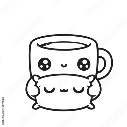 Kawaii Coffee with Pillow – Black and White Minimal Vector Illustration