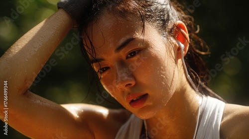 Woman wiping sweat after workout with earbuds enjoying fitness outdoors