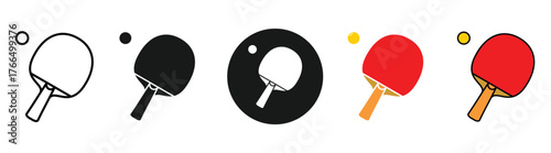 Table tennis racket set design. Outline, solid black and colored. Editable vector.