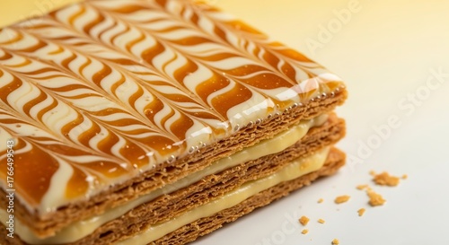 Close-up of a mille-feuille pastry with caramel and white icing.